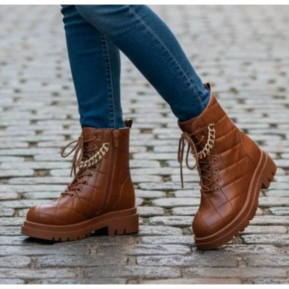 Quilted Faux Leather Lace-Up Combat Boots With Gold Chain Accent - Brown - Picture 11 of 11